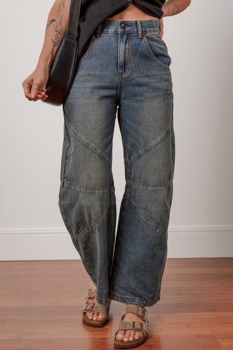 Sail Blue Exposed Stitching Loose Straight High Waist Jeans - Love Salve